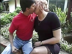 Blonde shemale MILF seduces teen gay outdoor